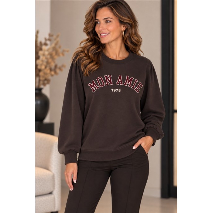 Lady Day Sweater tekst Mon Amie - Donker bruin Lady Day Sweater tekst Mon Amie - Donker bruin